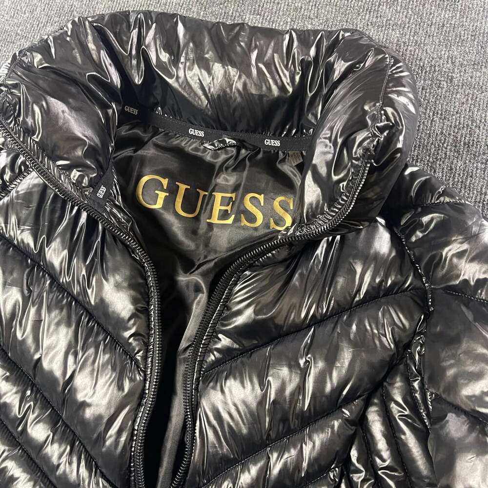 Guess Women's Black High Shine Quilted Full Zip Puffer Jacket Size L